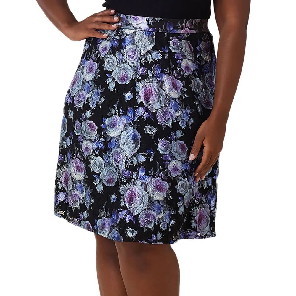 Maree Pour Toi Metallic and Lace Midi Skirt Sz 22 Black Silver and Purple foil